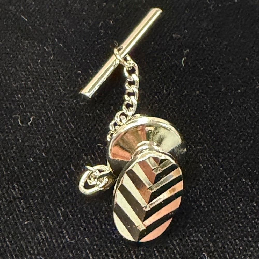 Vintage Silver Tone Chevron Etched Oval Tie Tack with Security Chain T-Bar